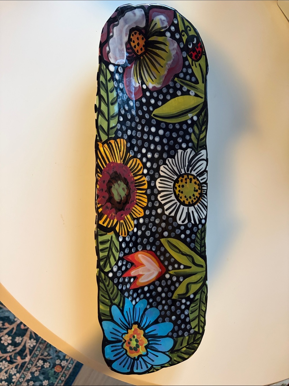 Hand-Painted decorative whimsical  pottery signed piece in Multicolor Blooms